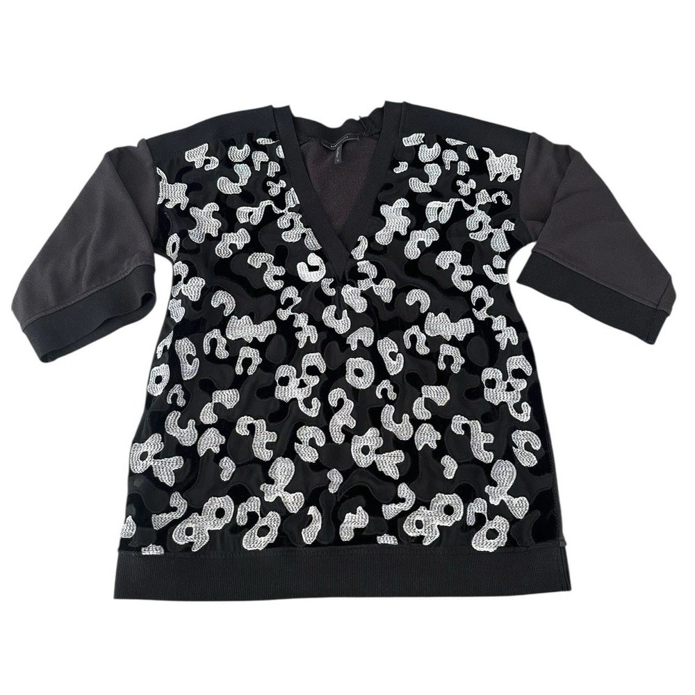 BCBGMAXAZRIA Embroidered French Terry V-Neck Top Small Abstract Sheer‎ Vogue